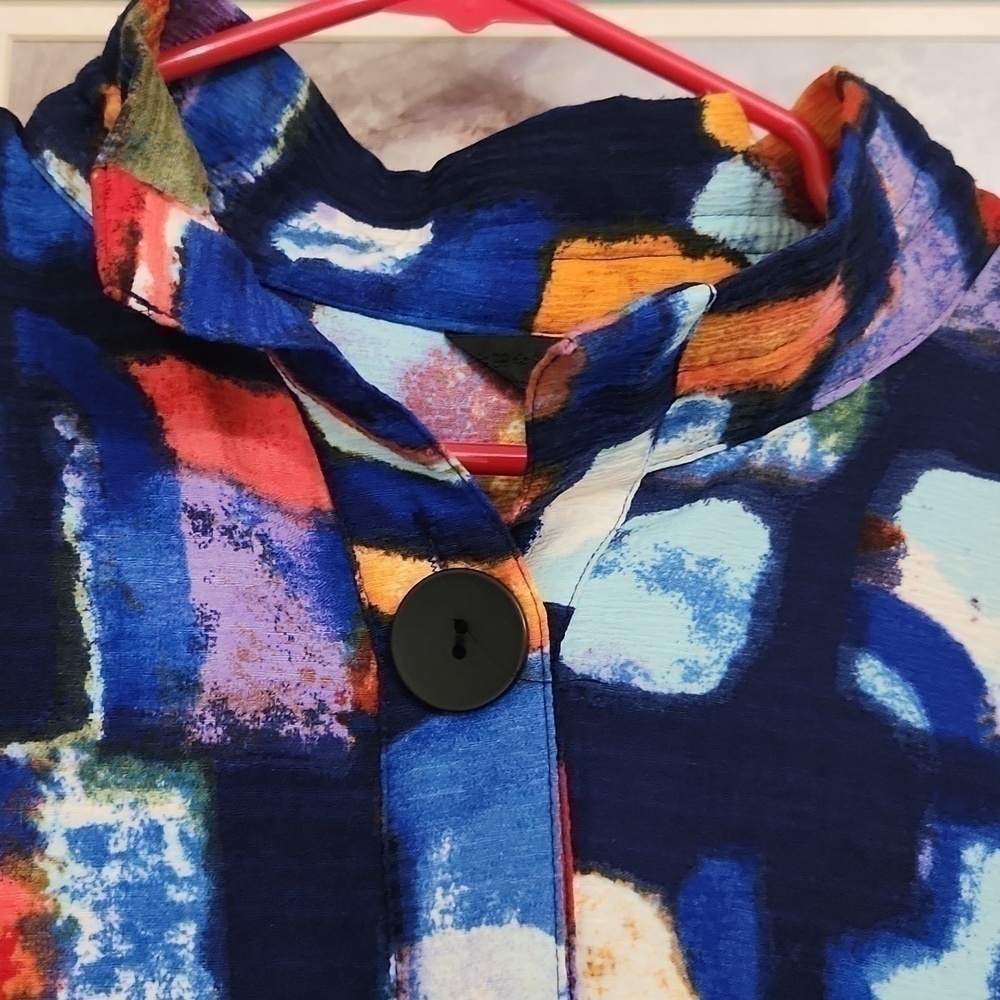 Ali Miles Colorful Abstract Patterned Coat Bell Sleeve Career Artsy Contemporary - Picture 5 of 12